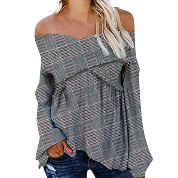 π€HPπ€ MELISSA Plaid Off Shoulder Blouse - Picture 3 of 8